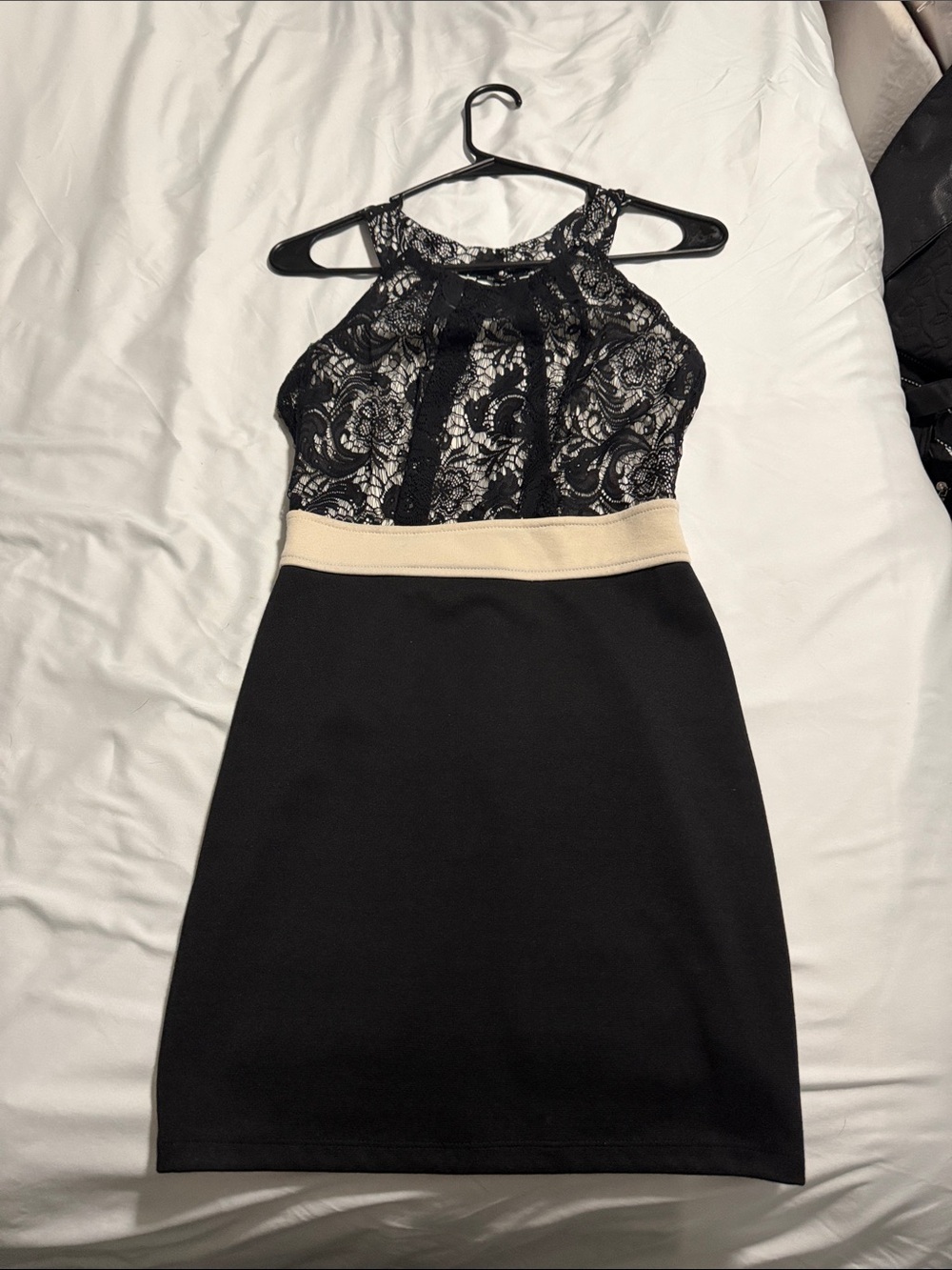 Black Lace Halter Sheath Dress with Cream Waistband Windsor small